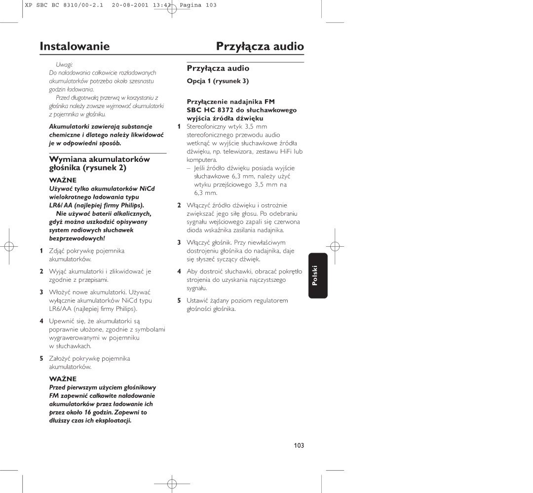 Philips BC 8310 manual Przyłącza audio, Wymiana akumulatorków głośnika rysunek 