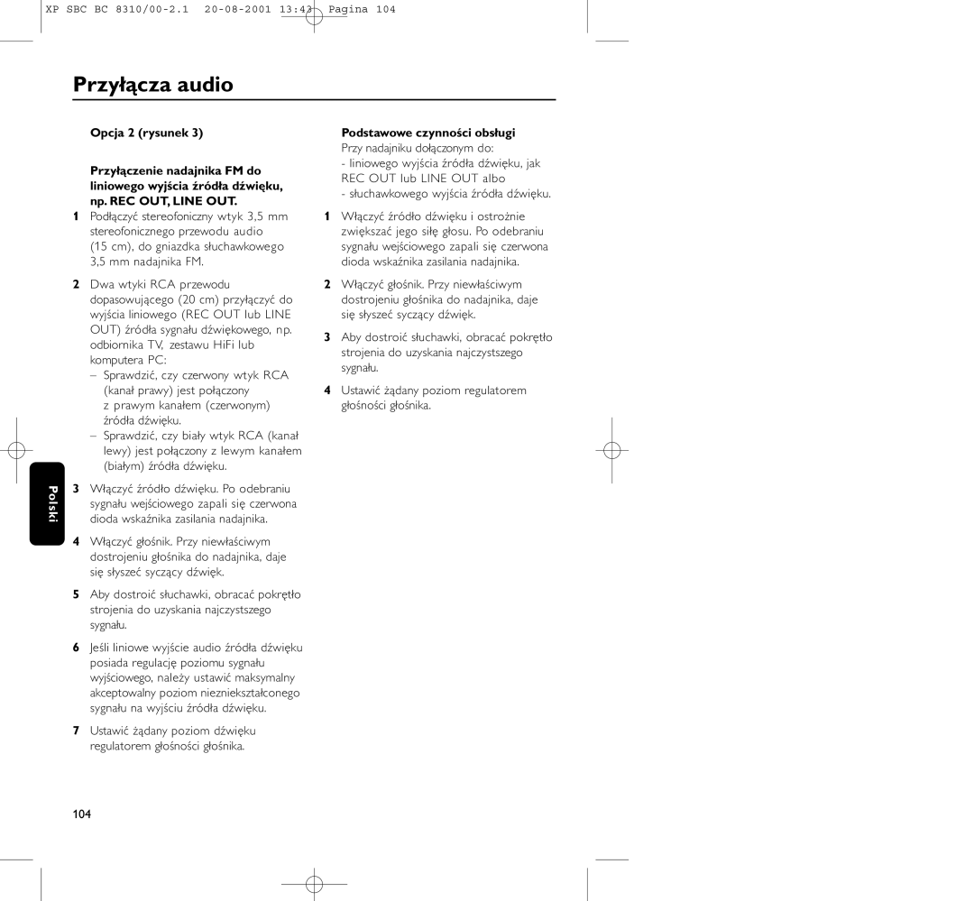 Philips BC 8310 manual Przyłącza audio, Podstawowe czynności obsługi 