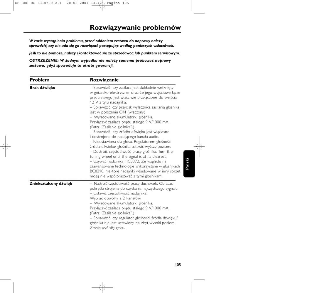 Philips BC 8310 manual Rozwiązywanie problemów, Problem Rozwiązanie, Brak dźwięku, Zniekształcony dźwięk 