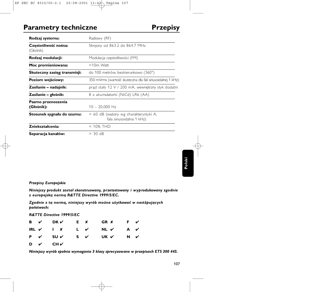 Philips BC 8310 manual Parametry techniczne, Przepisy, 107 