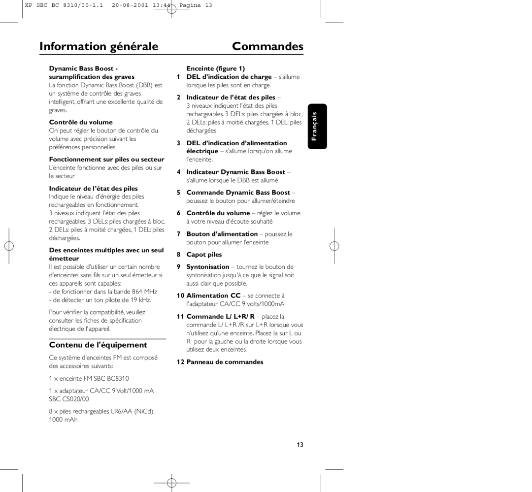 Philips BC 8310 manual Commandes, Contenu de léquipement 