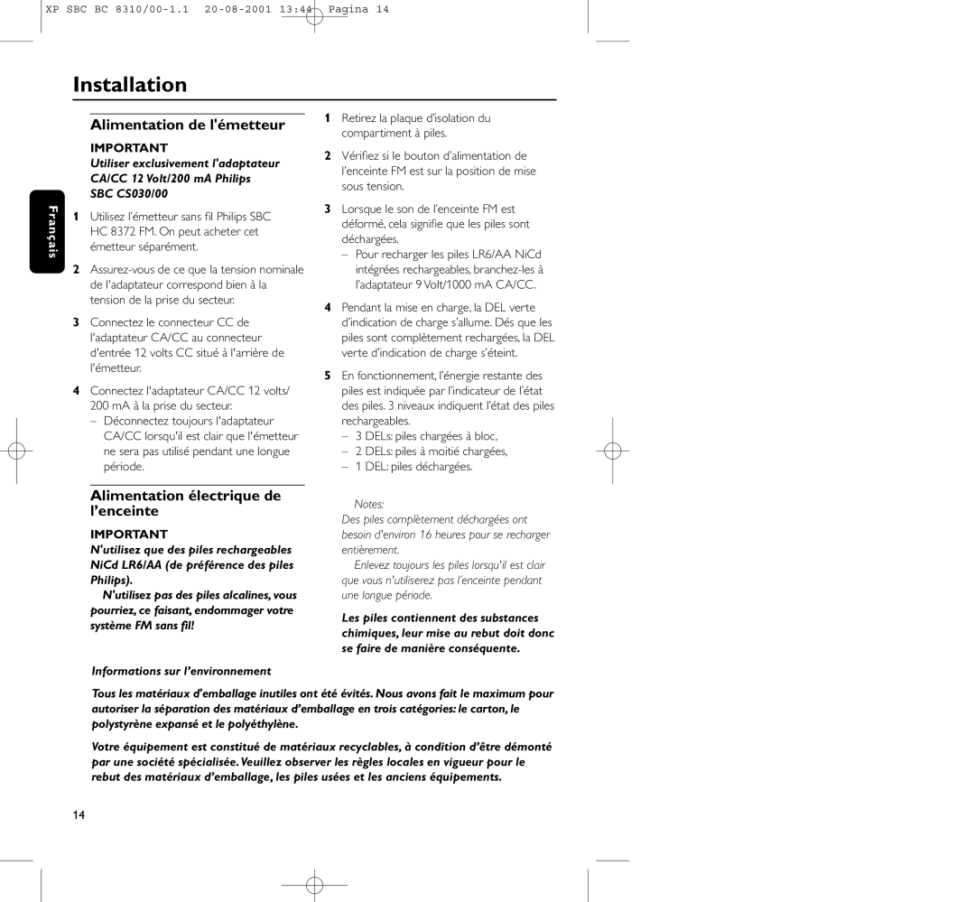 Philips BC 8310 manual Alimentation de lémetteur, Alimentation électrique de l’enceinte, Informations sur l’environnement 