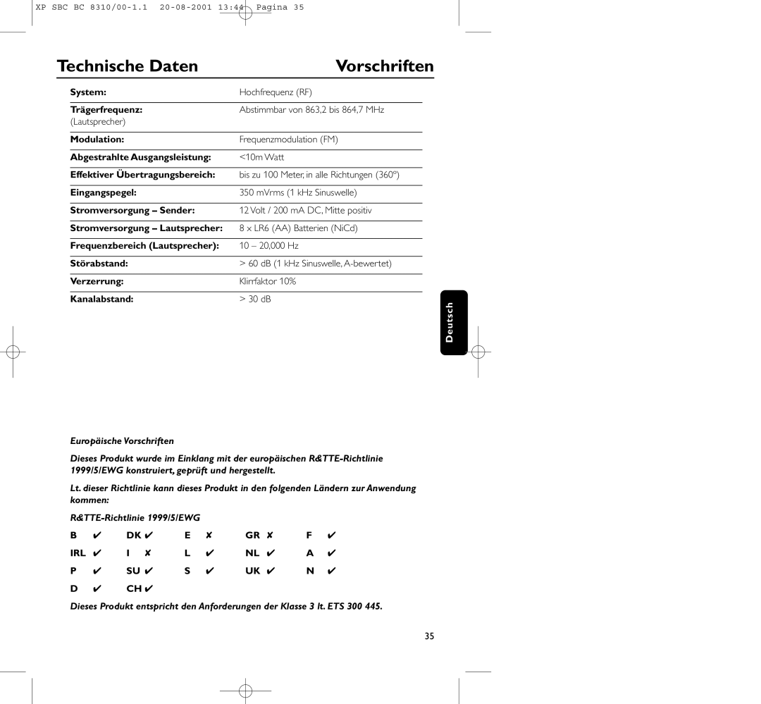 Philips BC 8310 manual Technische Daten Vorschriften 