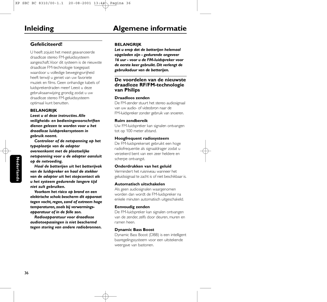 Philips BC 8310 manual Inleiding Algemene informatie, Gefeliciteerd, Belangrijk 