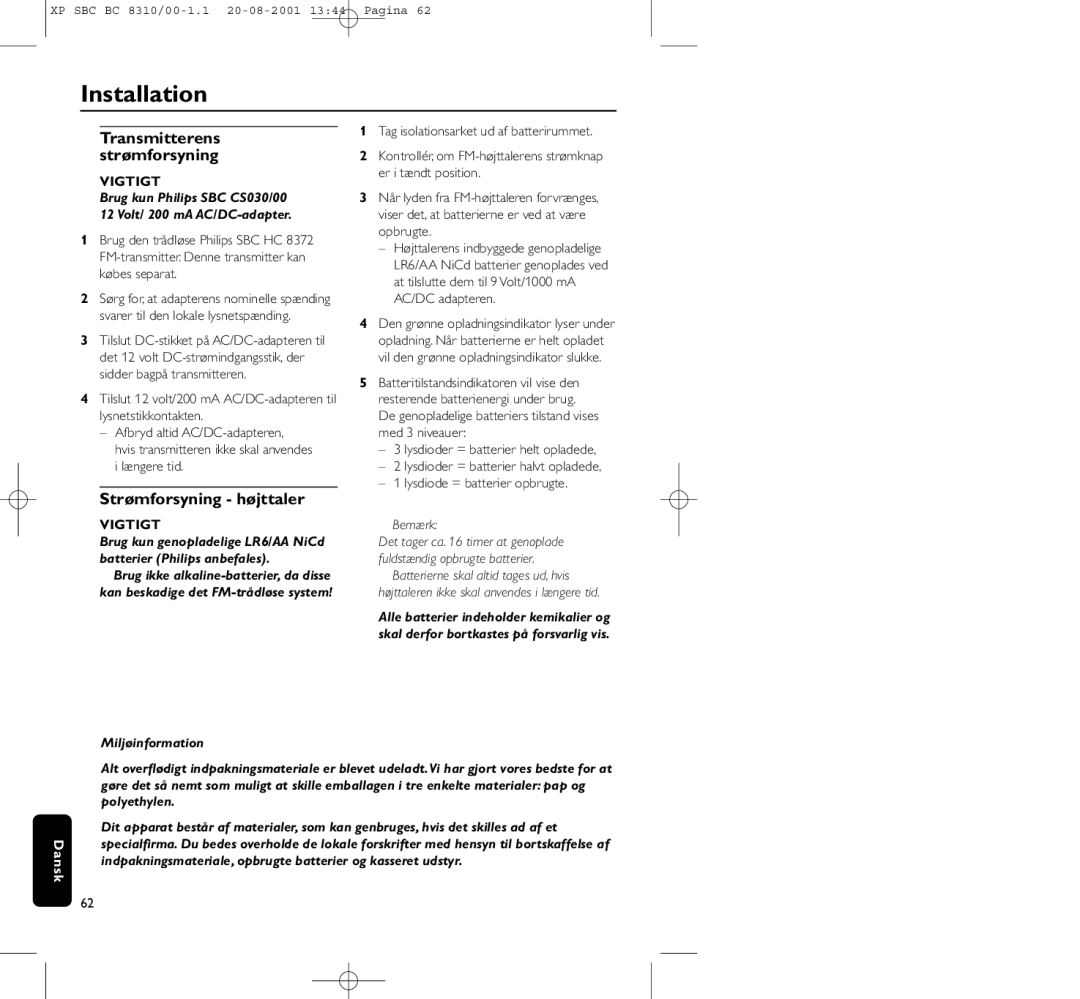 Philips BC 8310 manual Transmitterens strømforsyning, Strømforsyning højttaler, Miljøinformation 