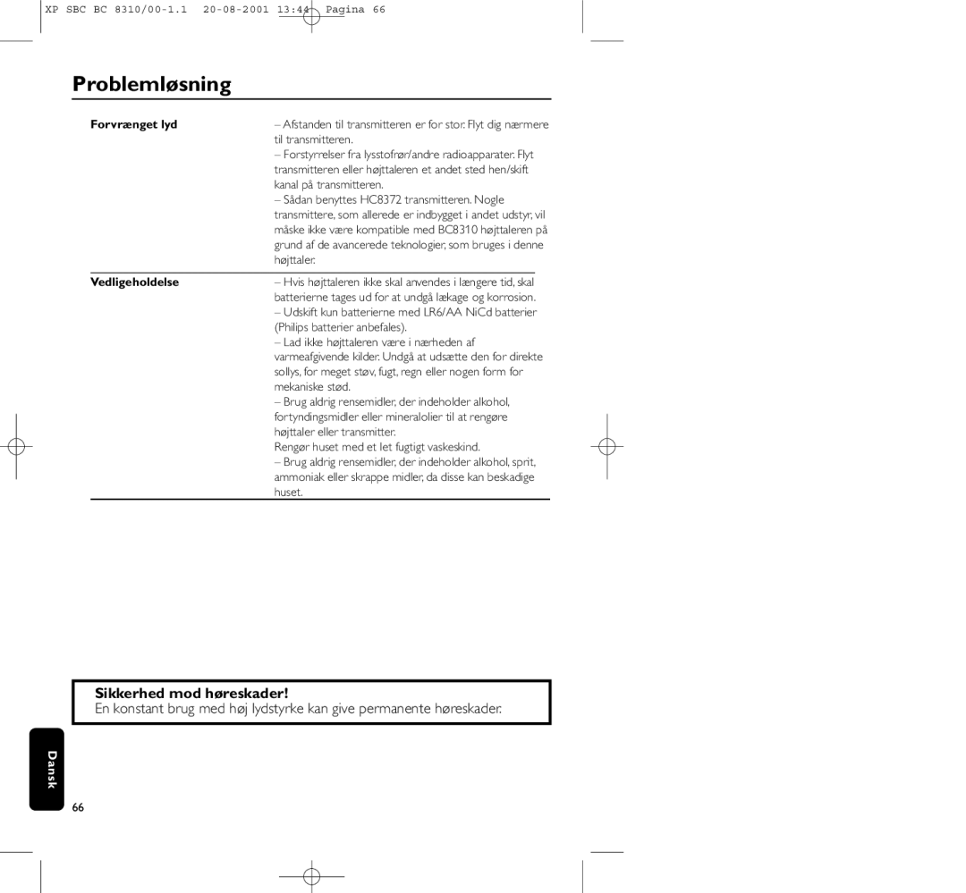 Philips BC 8310 manual Sikkerhed mod høreskader, Vedligeholdelse 