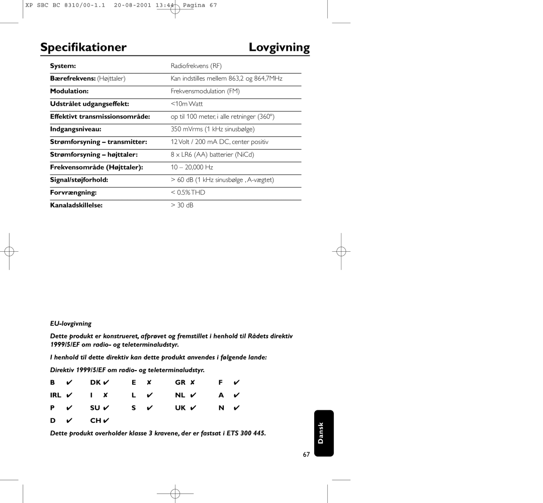 Philips BC 8310 manual Speciﬁkationer, Lovgivning 