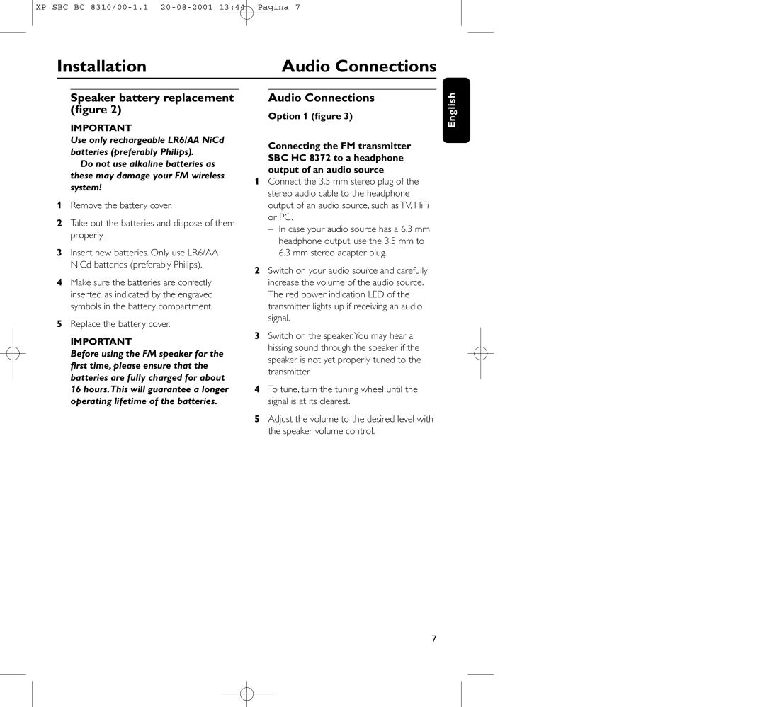 Philips BC 8310 manual Audio Connections, Speaker battery replacement ﬁgure, Replace the battery cover 