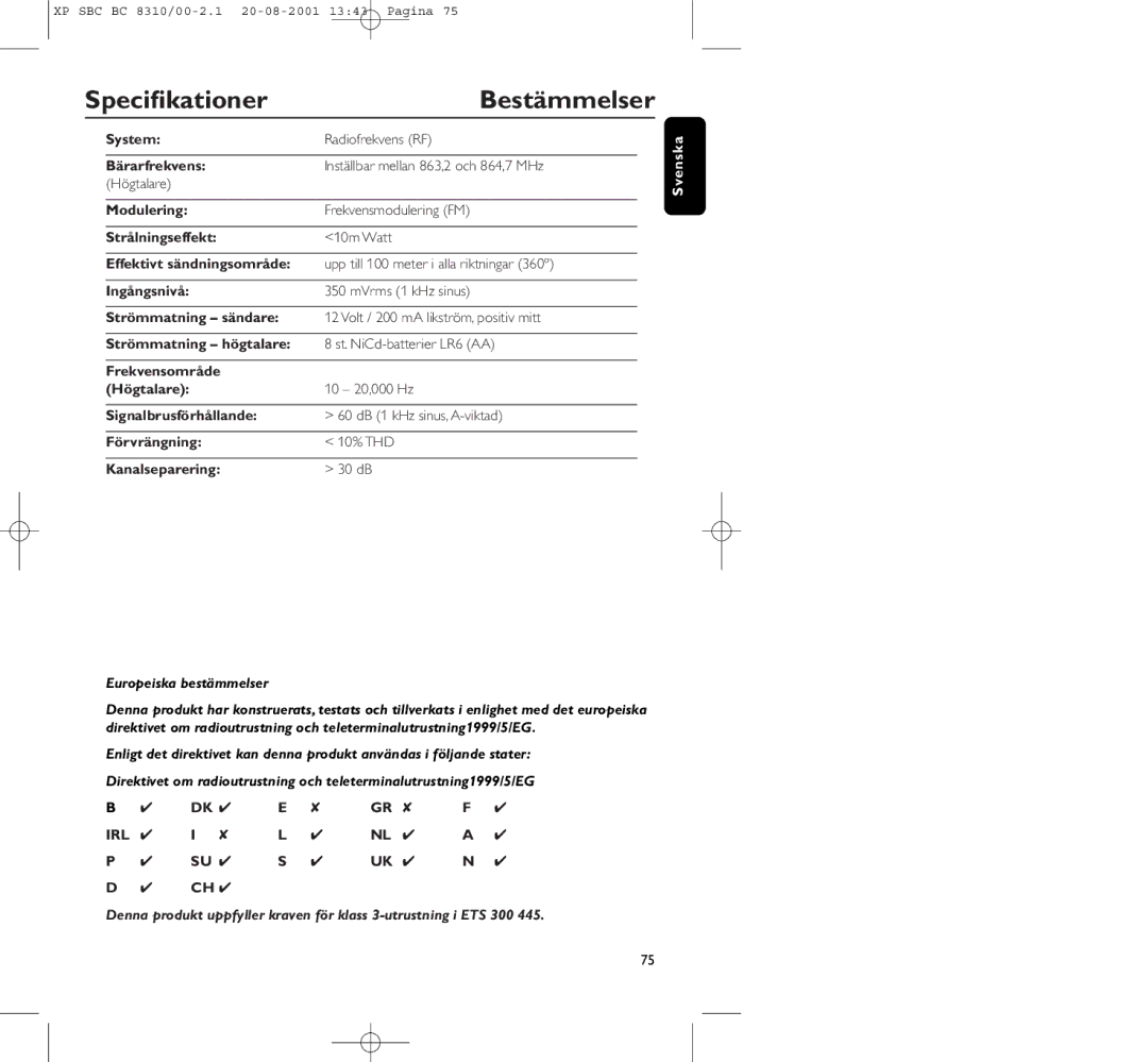 Philips BC 8310 manual Speciﬁkationer Bestämmelser 