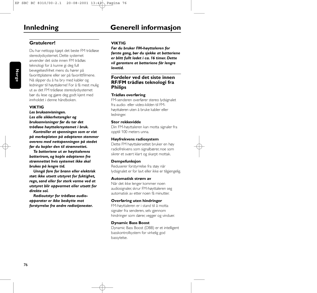 Philips BC 8310 manual Innledning Generell informasjon, Gratulerer, Viktig, Les bruksanvisningen 