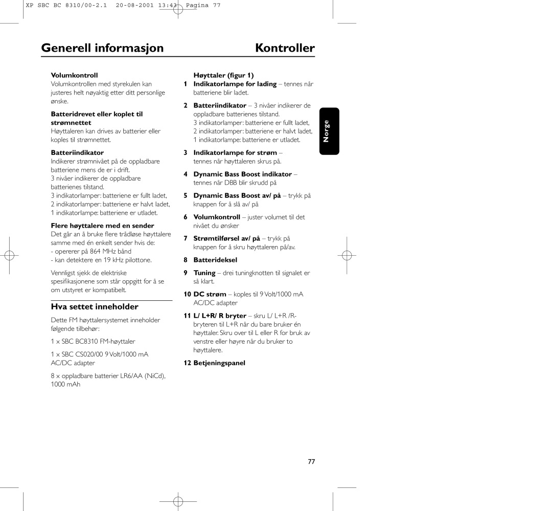 Philips BC 8310 manual Generell informasjon Kontroller, Hva settet inneholder 