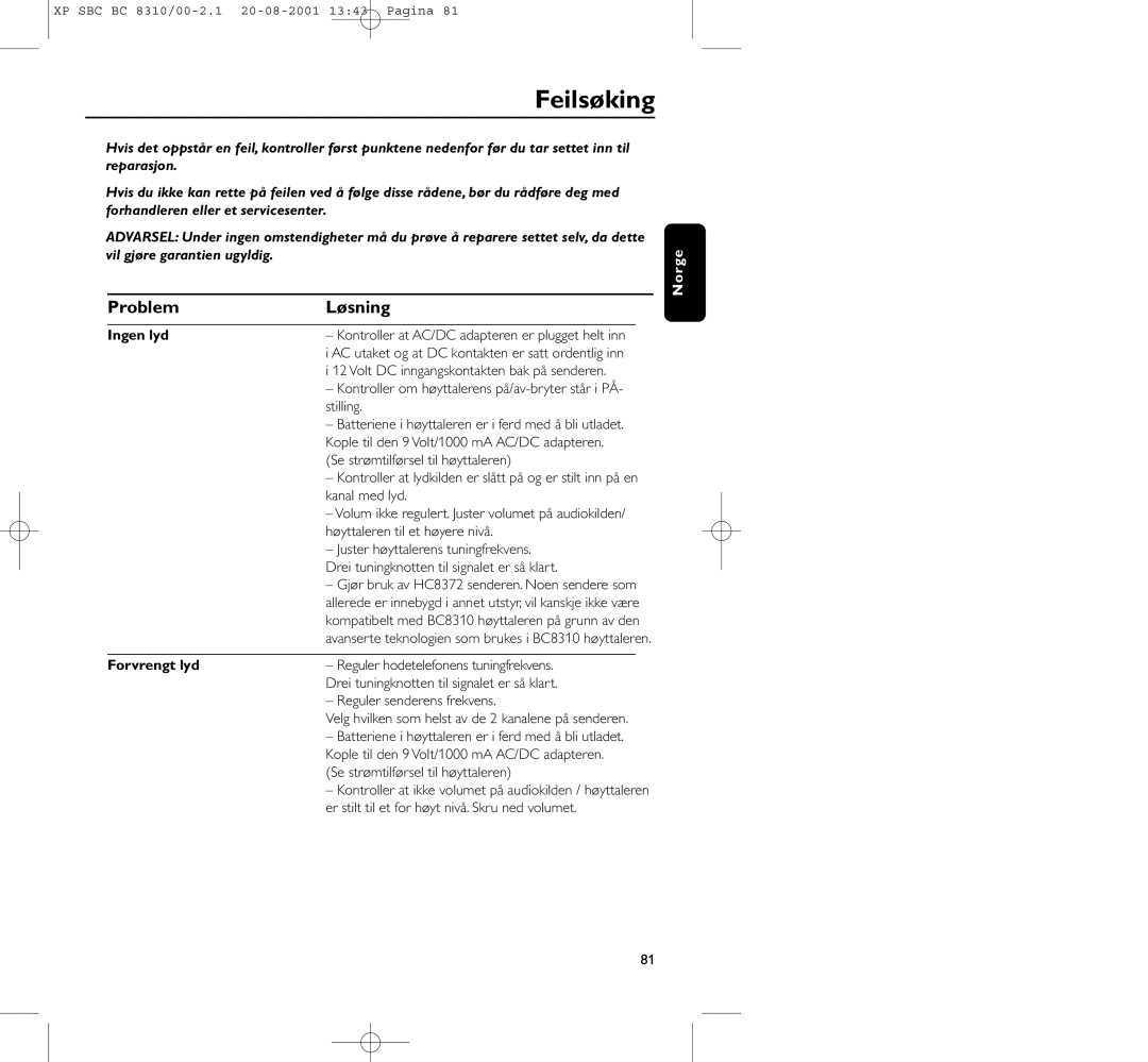 Philips BC 8310 manual Feilsøking, Problem Løsning, Forvrengt lyd 