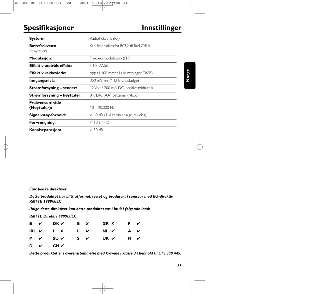 Philips BC 8310 manual Spesiﬁkasjoner Innstillinger 