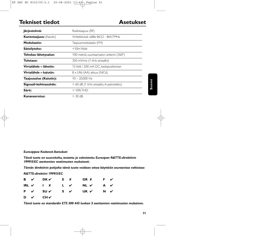 Philips BC 8310 manual Tekniset tiedot, Asetukset 