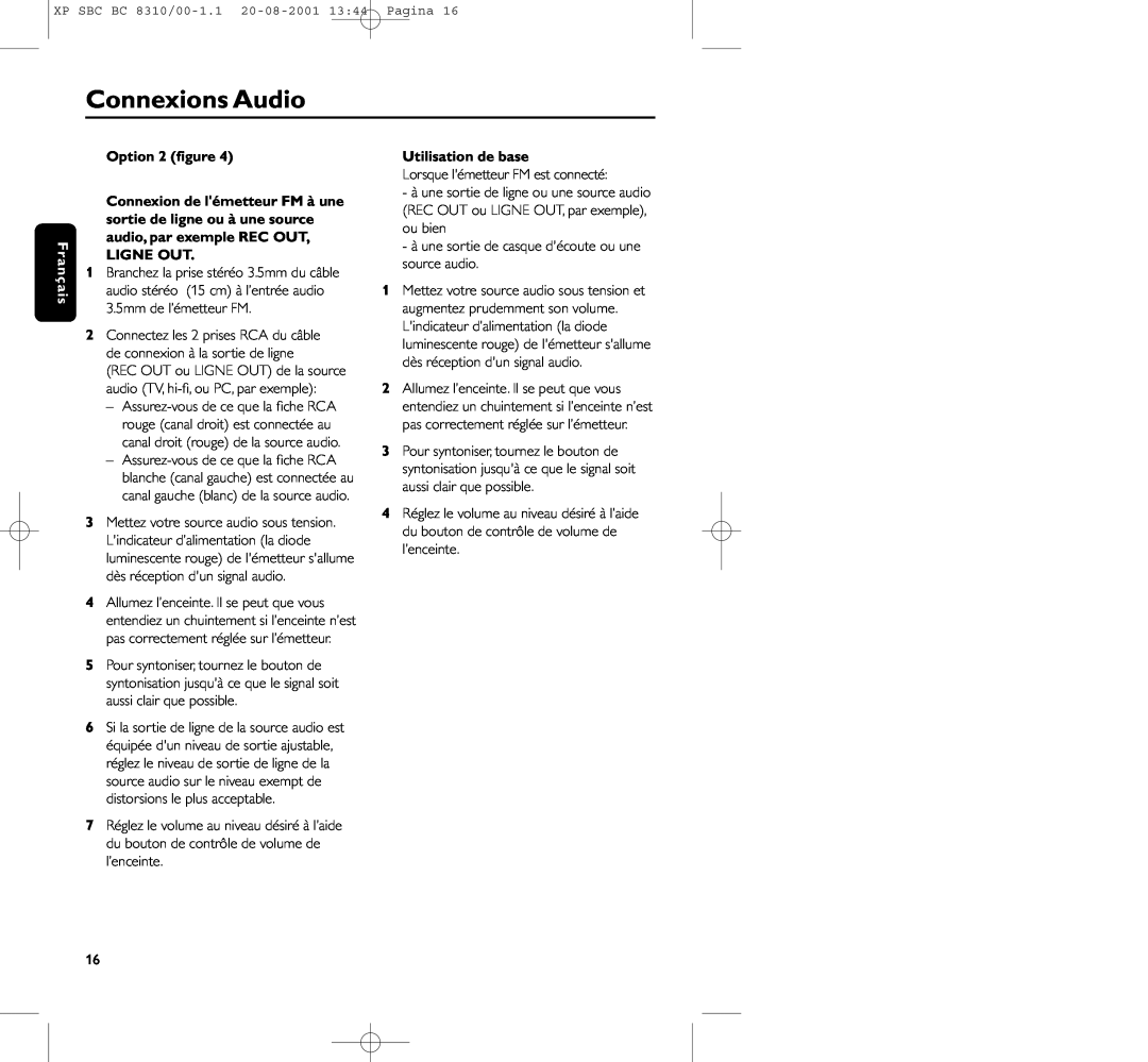 Philips BC 8310 manual Connexions Audio, Option 2 ﬁgure, Ligne Out, Utilisation de base 
