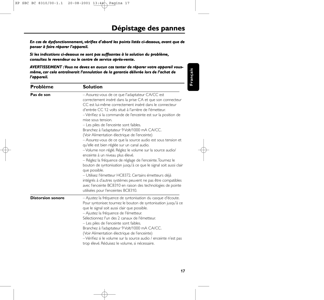 Philips BC 8310 manual Dépistage des pannes, Problème, Solution, Pas de son, Distorsion sonore 