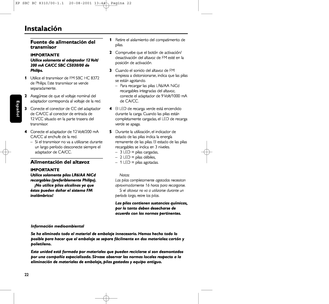 Philips BC 8310 manual Instalación, Fuente de alimentación del transmisor, Alimentación del altavoz, Importante, Notas 