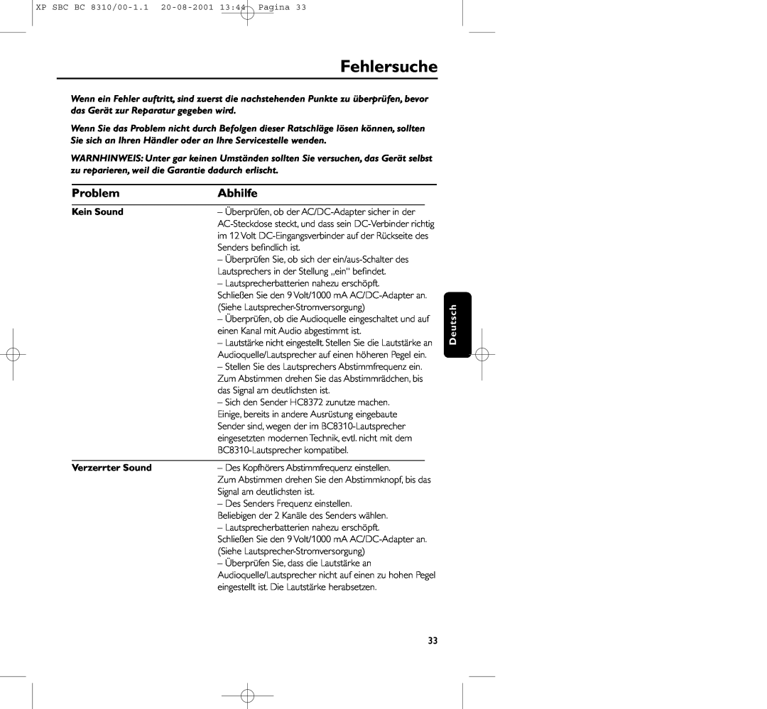 Philips BC 8310 manual Fehlersuche, Problem, Abhilfe, Kein Sound, Verzerrter Sound 