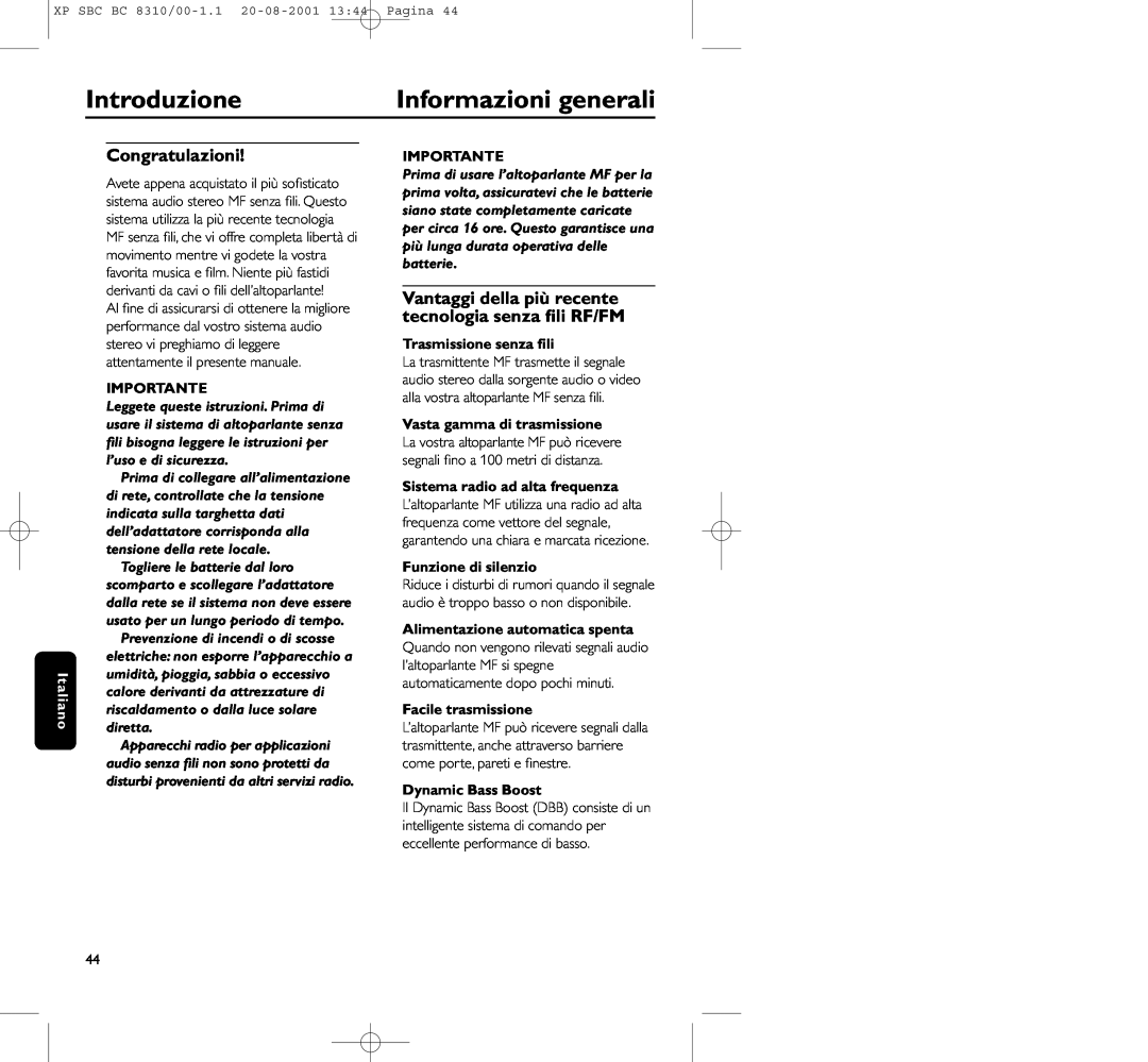Philips BC 8310 manual Introduzione, Informazioni generali, Congratulazioni, Importante, Trasmissione senza ﬁli 