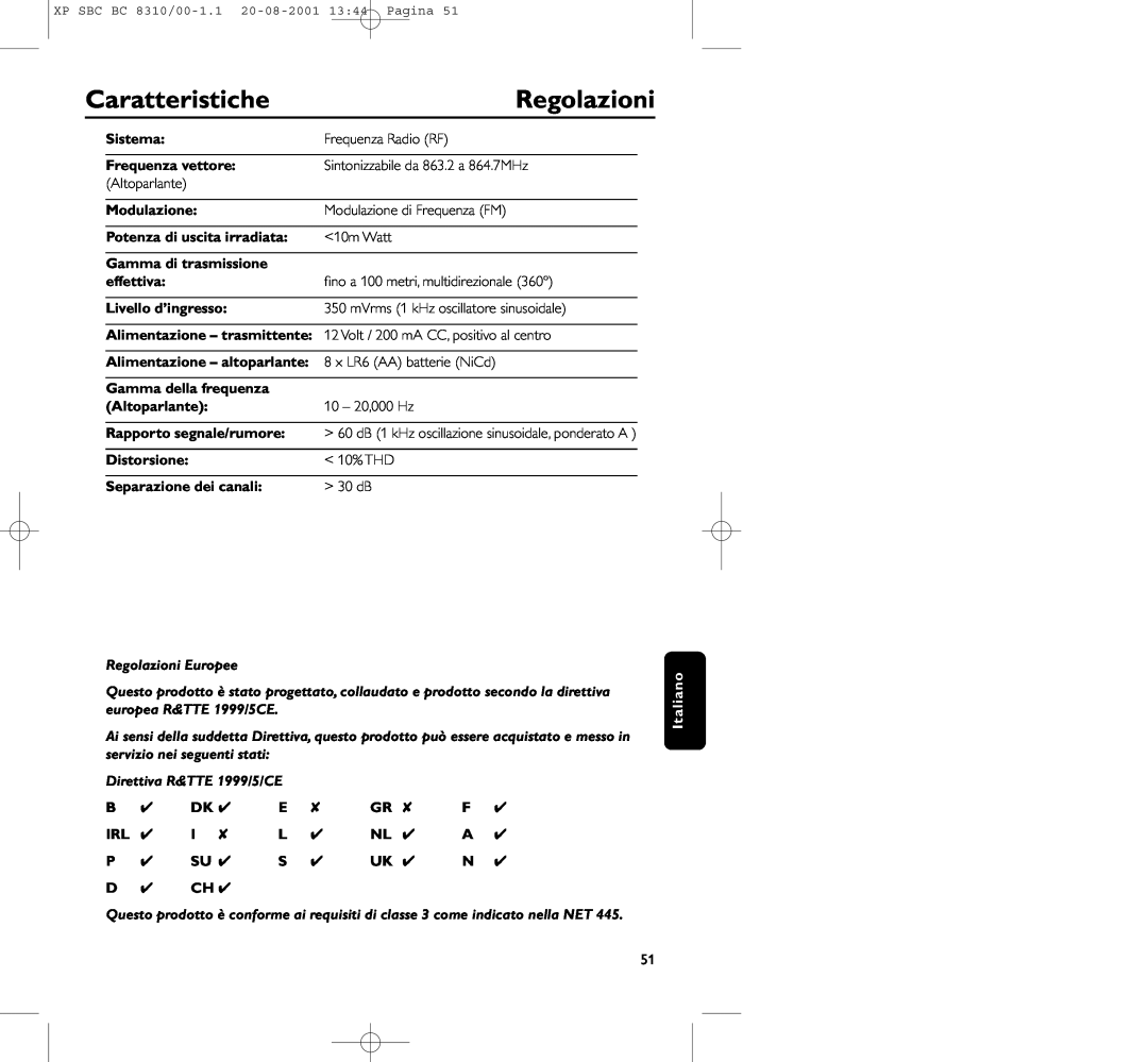Philips BC 8310 Caratteristiche, Regolazioni, Sistema, Frequenza Radio RF, Frequenza vettore, Altoparlante, Modulazione 