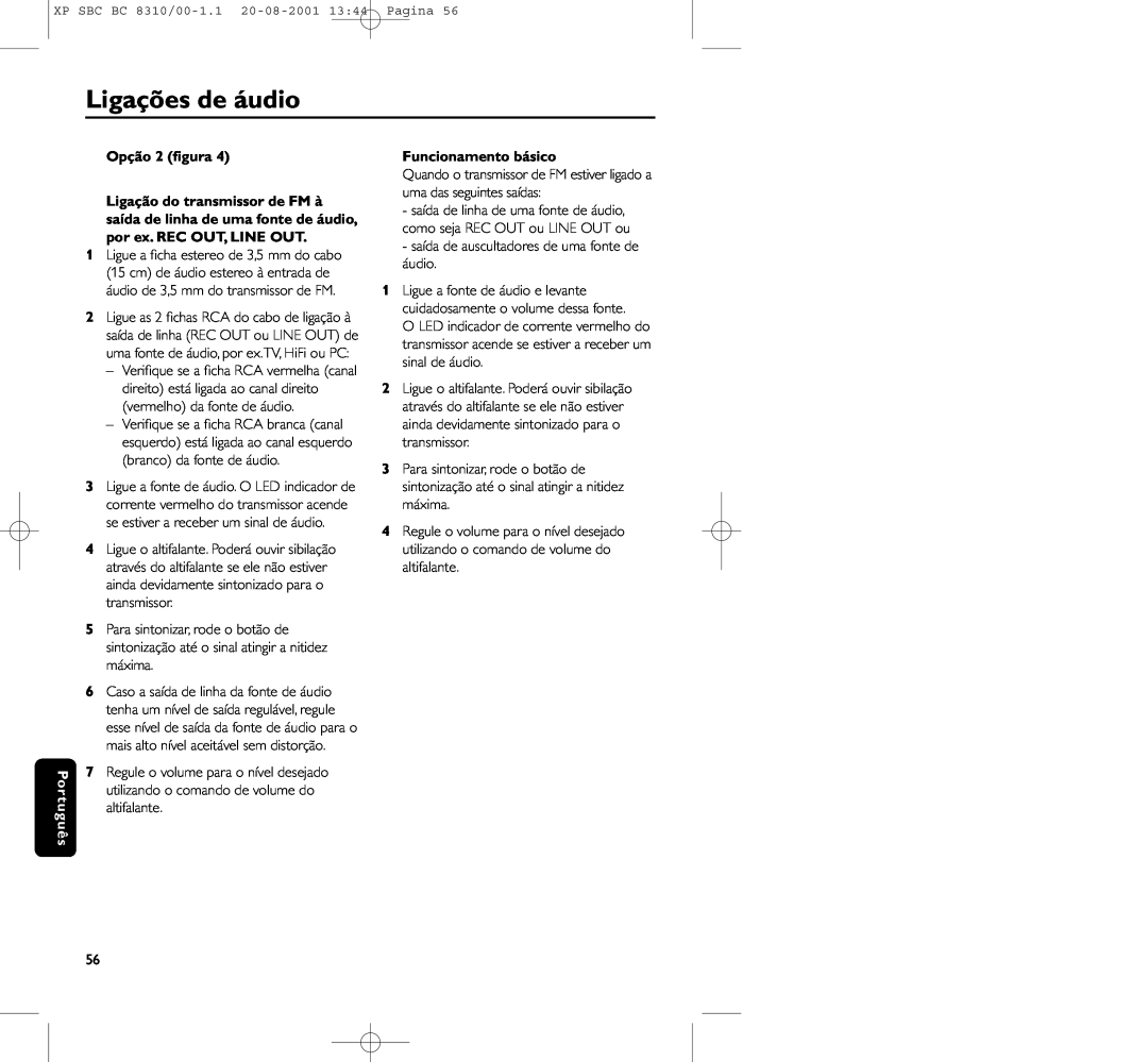 Philips BC 8310 manual Ligações de áudio, Opção 2 ﬁgura, Funcionamento básico 