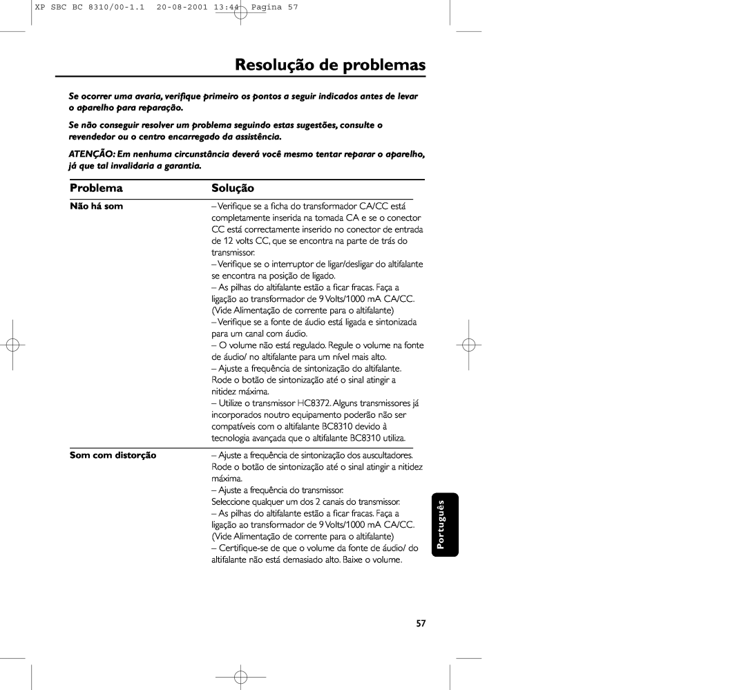 Philips BC 8310 manual Resolução de problemas, Problema, Solução, Não há som, Som com distorção 