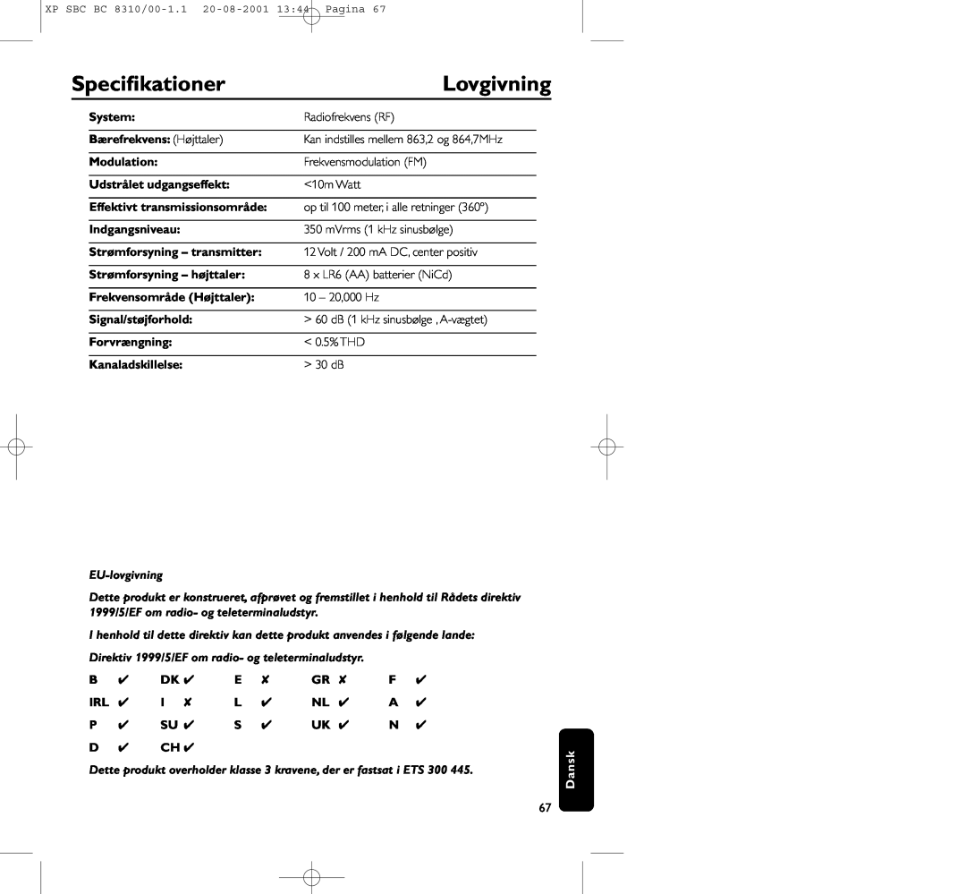 Philips BC 8310 manual Speciﬁkationer, Lovgivning, System, Bærefrekvens Højttaler, Modulation, Udstrålet udgangseffekt 