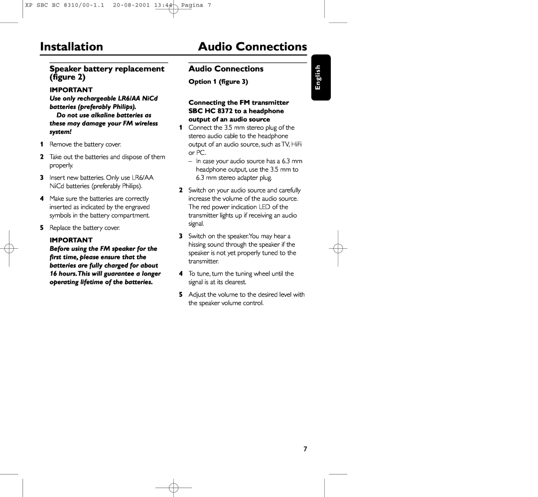 Philips BC 8310 manual Audio Connections, Installation, Speaker battery replacement ﬁgure, Option 1 ﬁgure 