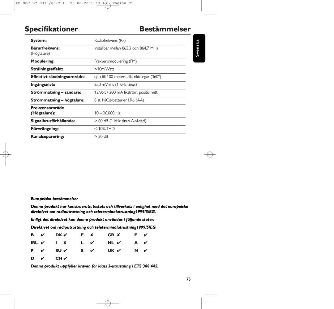 Philips BC 8310 Bestämmelser, Speciﬁkationer, System, Bärarfrekvens, Modulering, Strålningseffekt, Ingångsnivå, Högtalare 