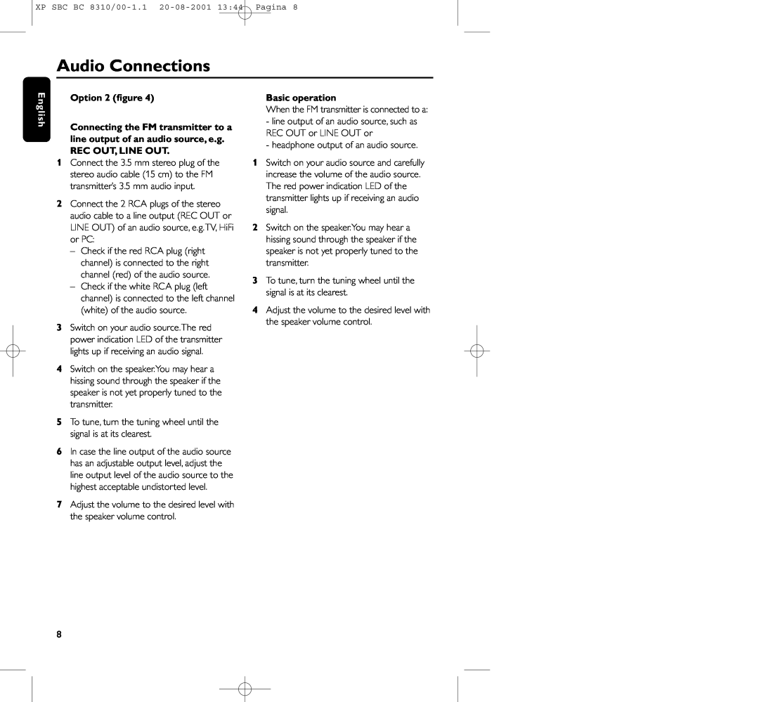 Philips BC 8310 manual Audio Connections, Option 2 ﬁgure, Rec Out, Line Out, Basic operation 