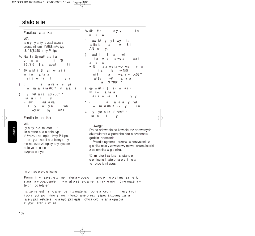 Philips BC8210 manual Instalowanie, Zasilacz nadajnika, Zasilanie głośnika, Napięciem w gniazdku elektrycznym, 102 