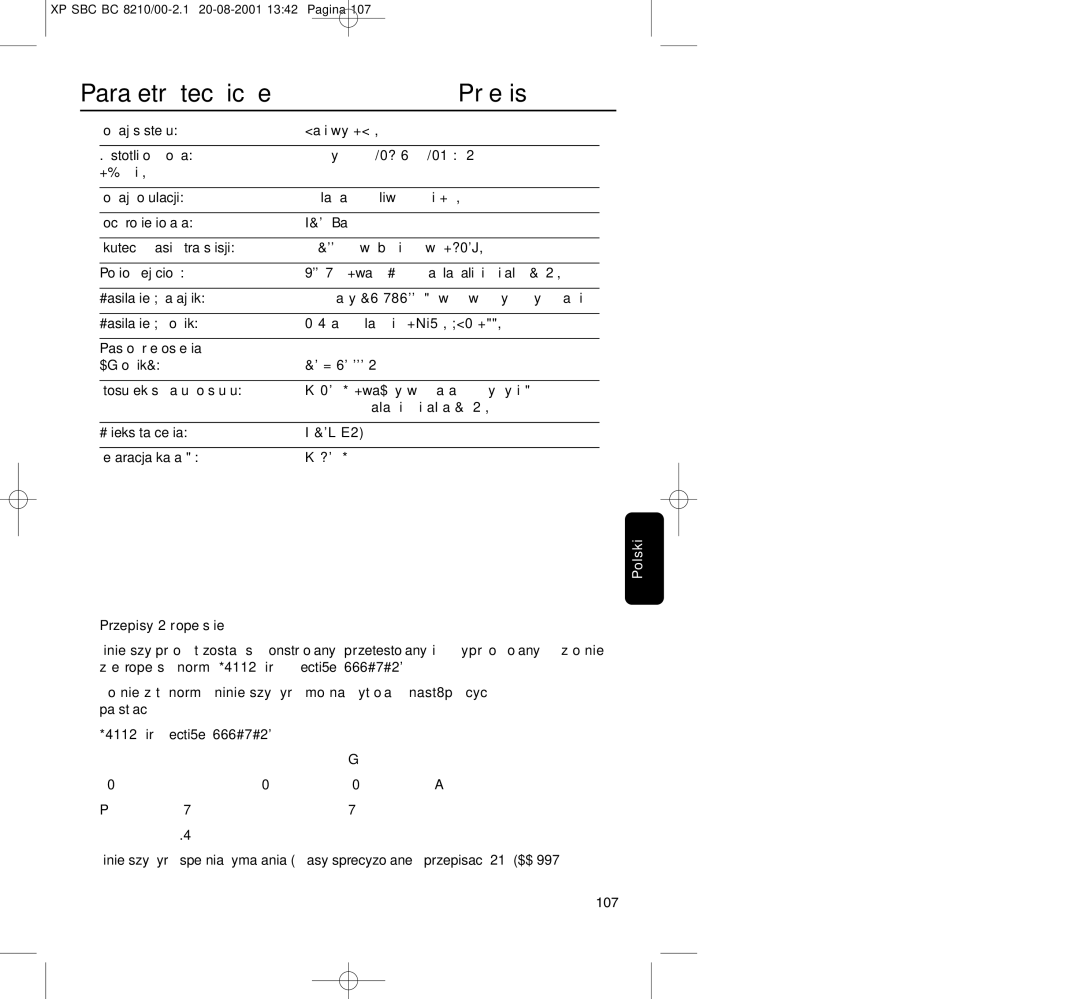 Philips BC8210 manual Parametry techniczne, Przepisy, 107 