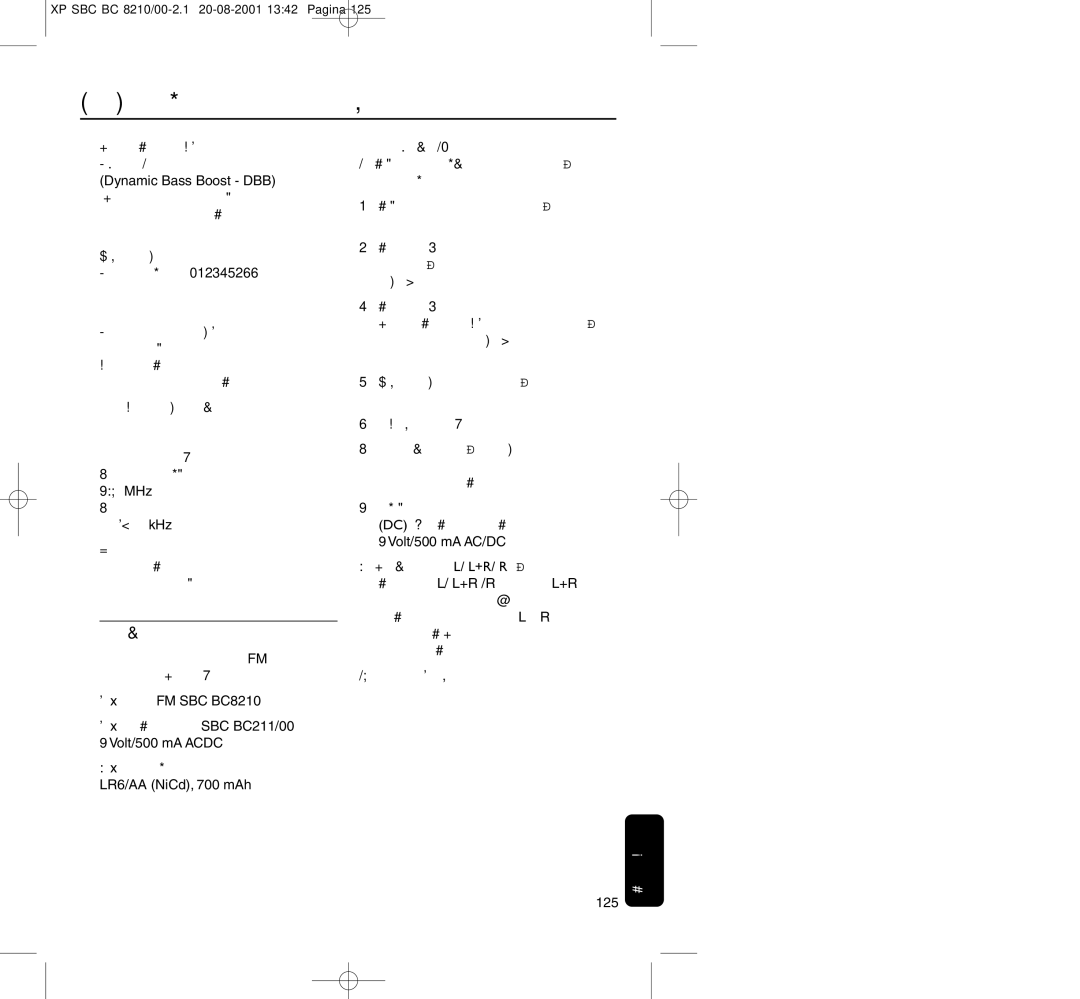 Philips BC8210 manual Dynamic Bass Boost DBB 864 MHz KHz Volt/500 mA AC/DC, +R/ R, +R /R 