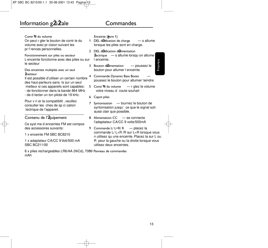 Philips BC8210 manual Commandes, Contenu de léquipement 