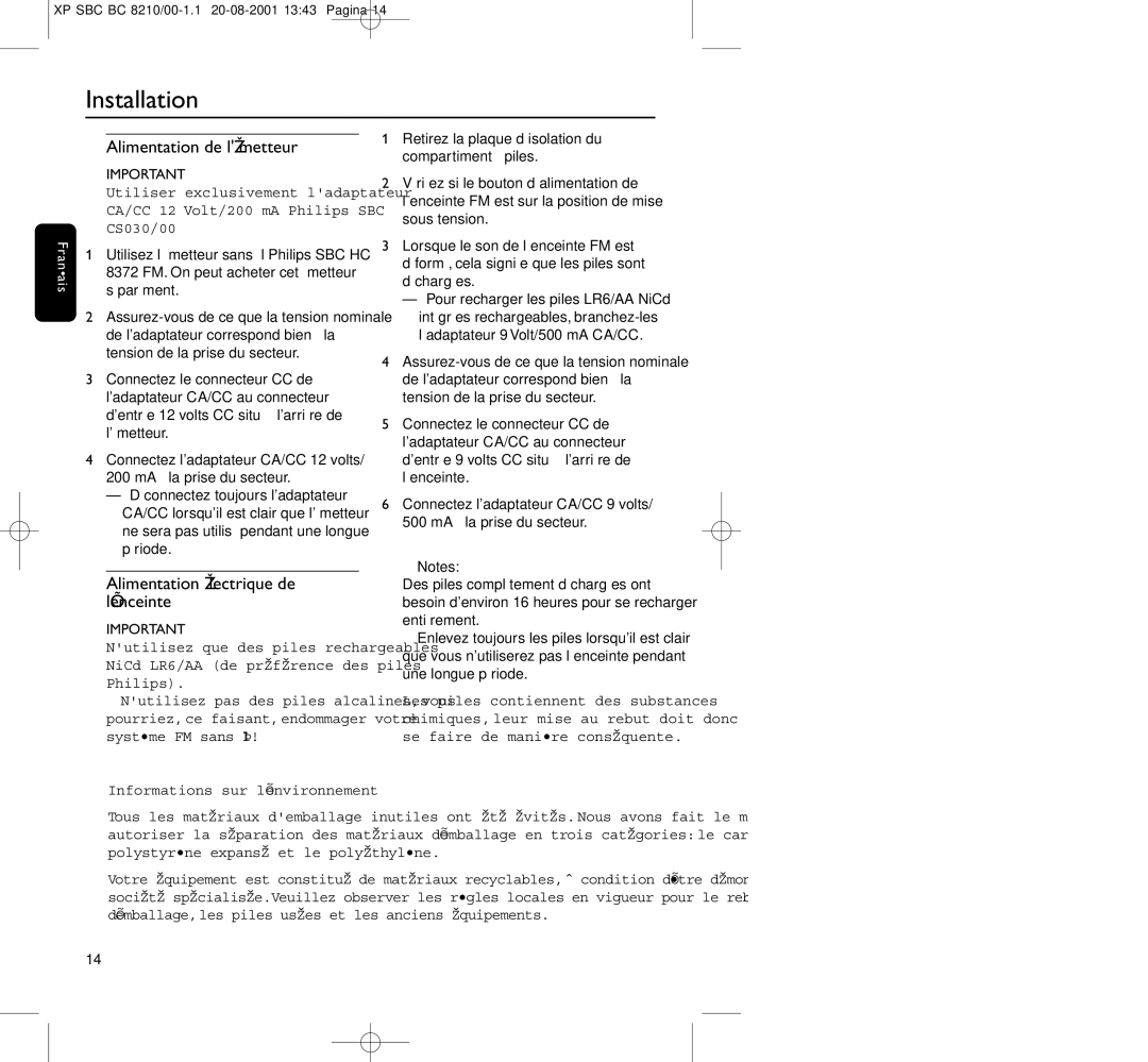 Philips BC8210 manual Alimentation de lémetteur, Alimentation électrique de, ’enceinte 