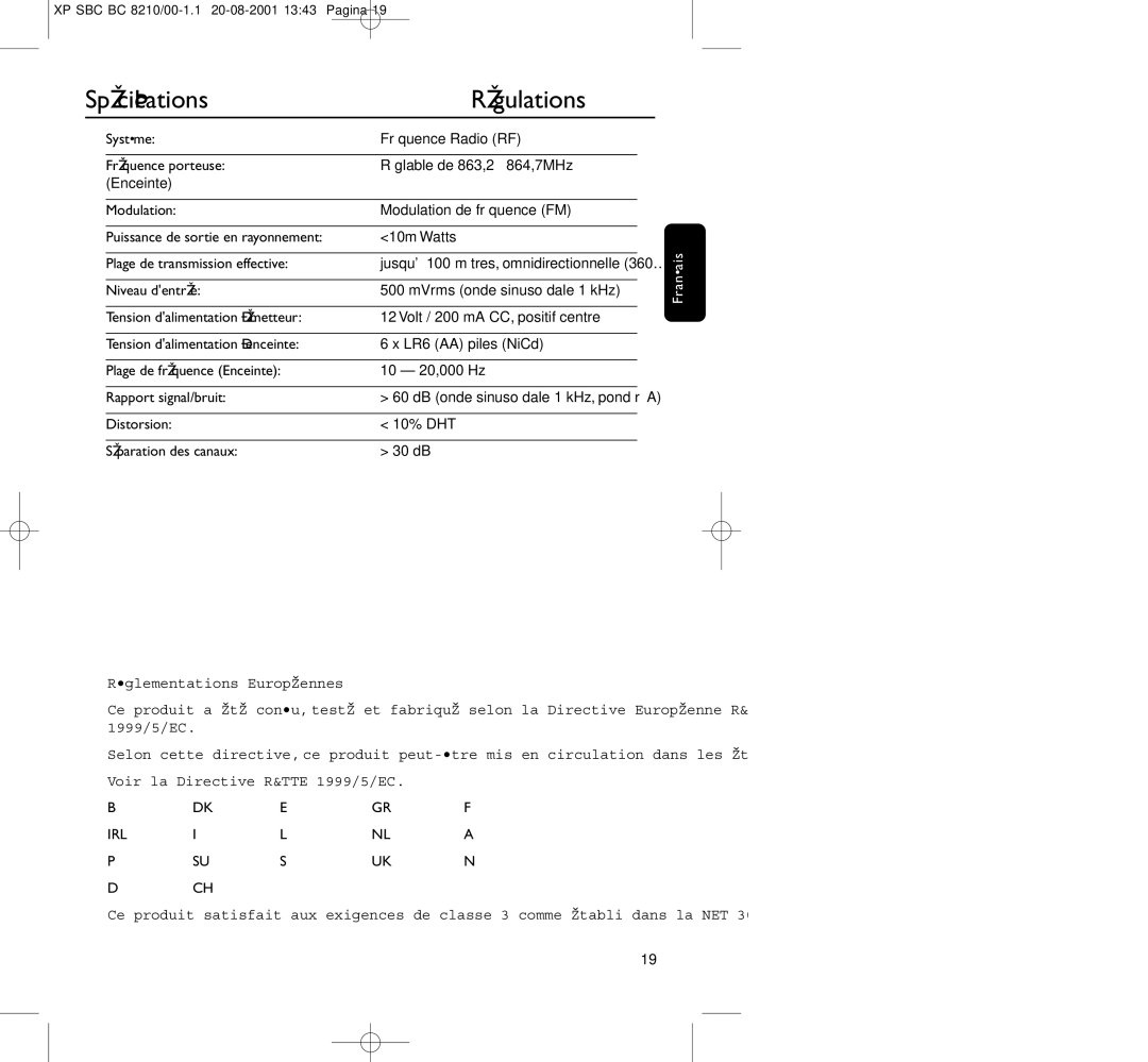 Philips BC8210 manual Spéciﬁcations, Régulations, Distorsion 10% DHT Séparation des canaux 30 dB, Irl 