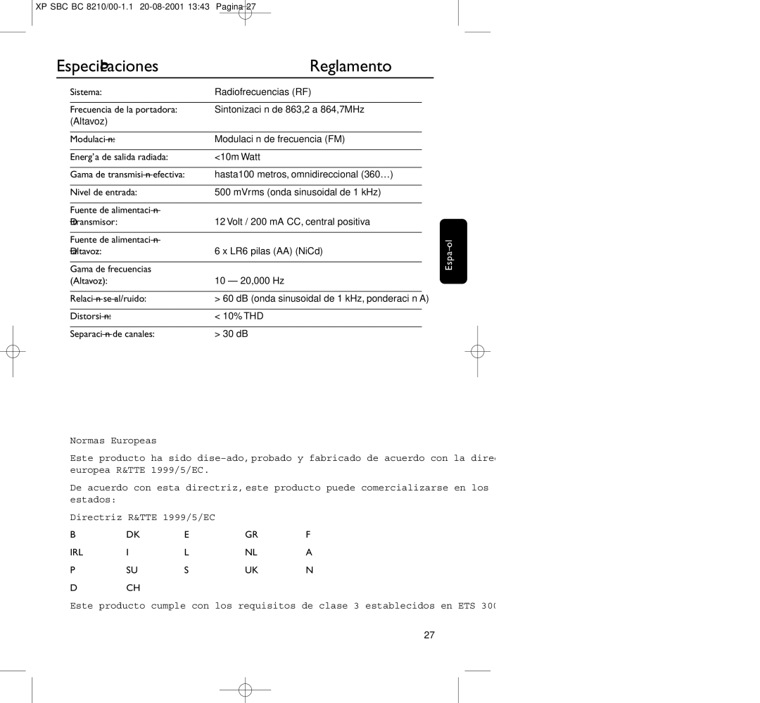 Philips BC8210 manual Especiﬁcaciones Reglamento, Distorsión 10% THD Separación de canales 30 dB 