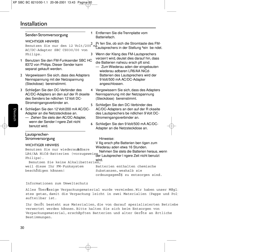 Philips BC8210 manual Sender-Stromversorgung, Lautsprecher Stromversorgung, Entfernen Sie die Trennplatte vom Batteriefach 