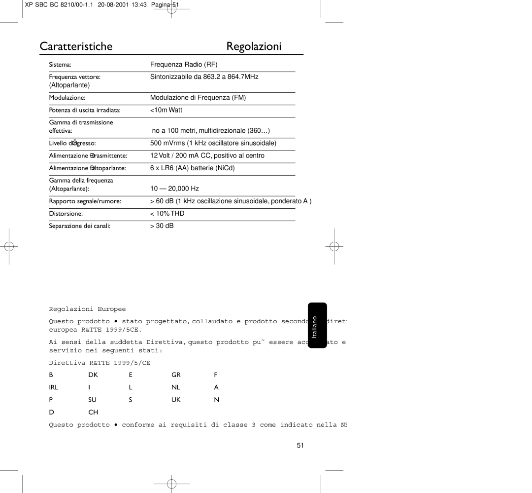 Philips BC8210 manual Caratteristiche, Regolazioni, Distorsione 10% THD Separazione dei canali 30 dB 