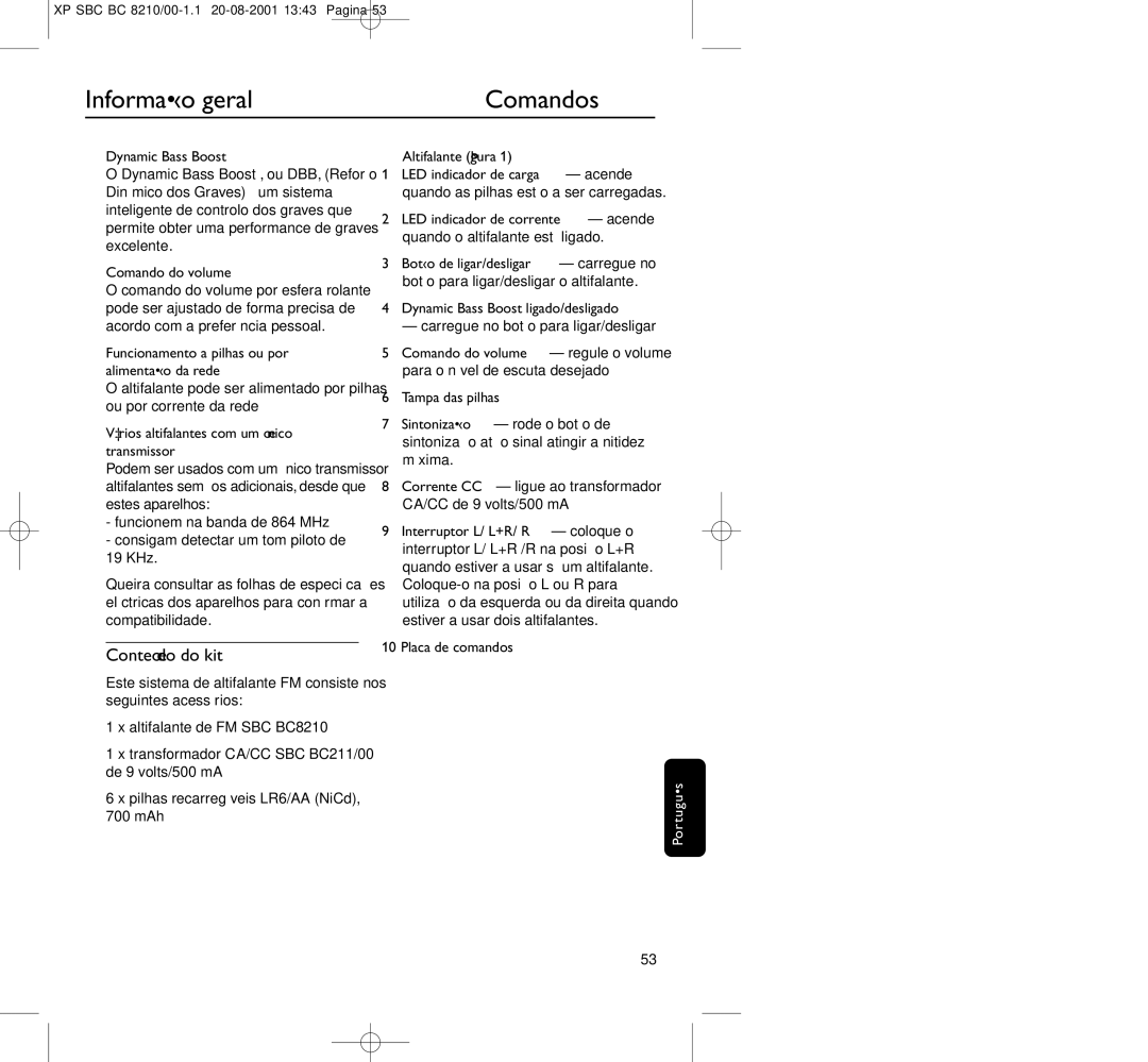 Philips BC8210 manual Comandos, Conteúdo do kit 