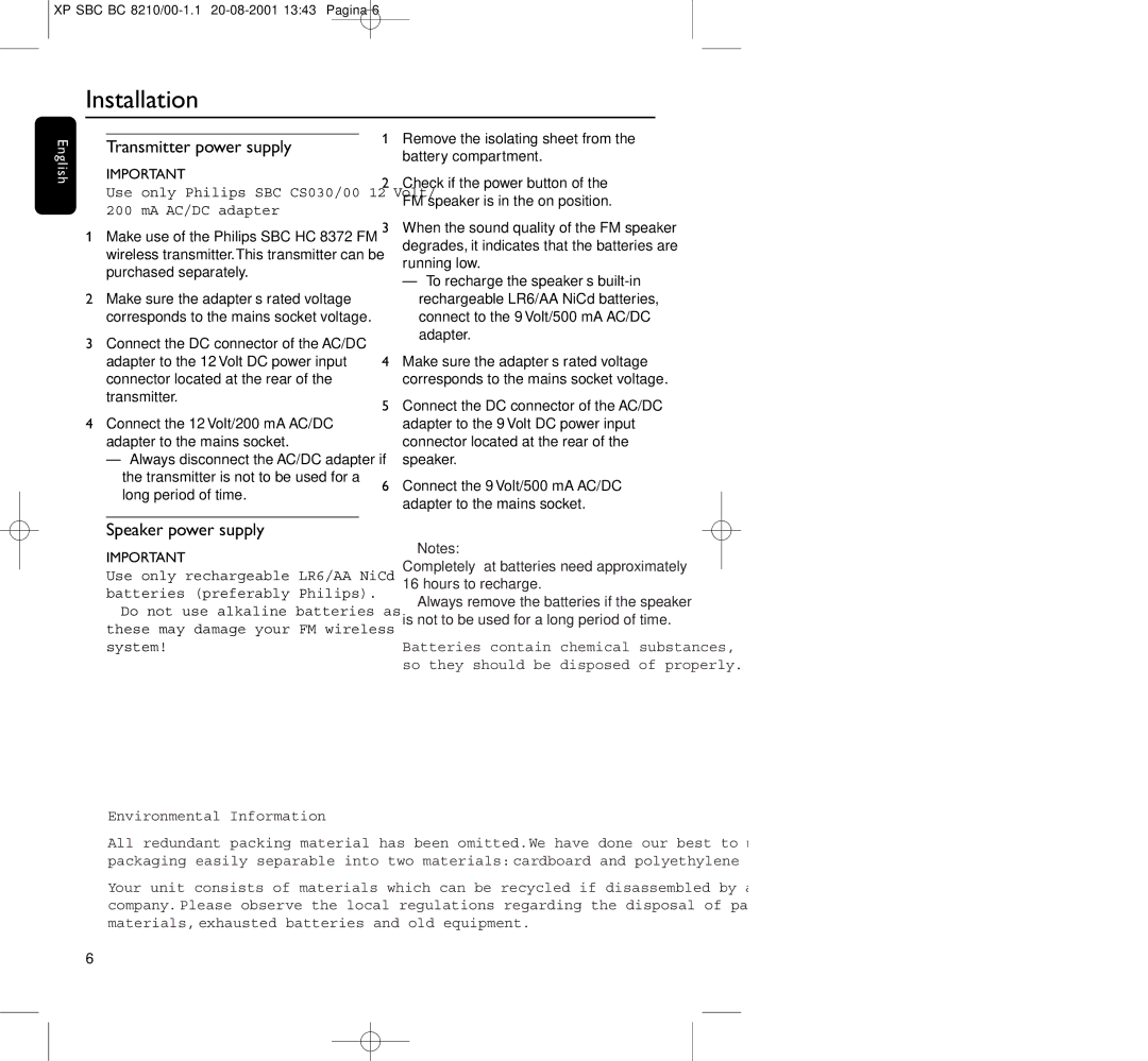 Philips BC8210 manual Installation, Transmitter power supply, Speaker power supply, Environmental Information 