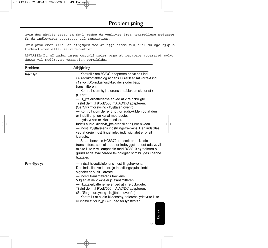 Philips BC8210 manual Problemløsning, Problem Afhjælpning, Ingen lyd, Forvrænget lyd 