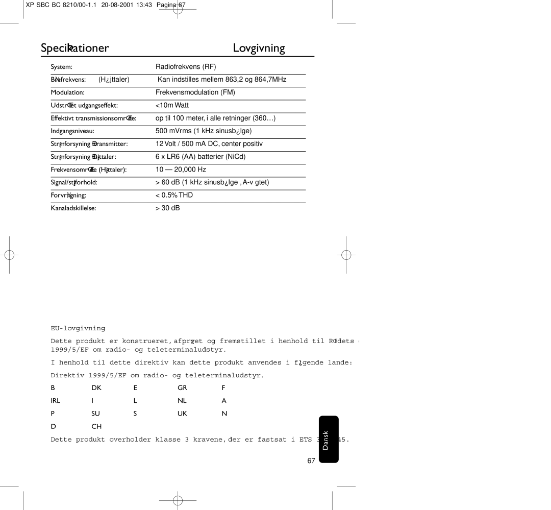 Philips BC8210 manual Speciﬁkationer, Lovgivning 