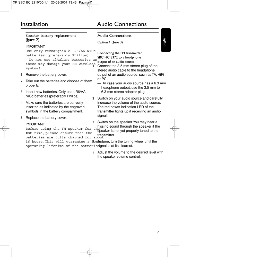 Philips BC8210 manual Audio Connections, Speaker battery replacement ﬁgure, Replace the battery cover 