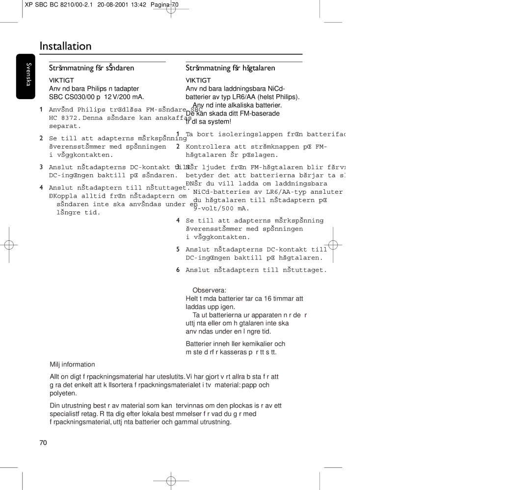 Philips BC8210 manual Strömmatning för sändaren, Strömmatning för högtalaren, Miljöinformation 