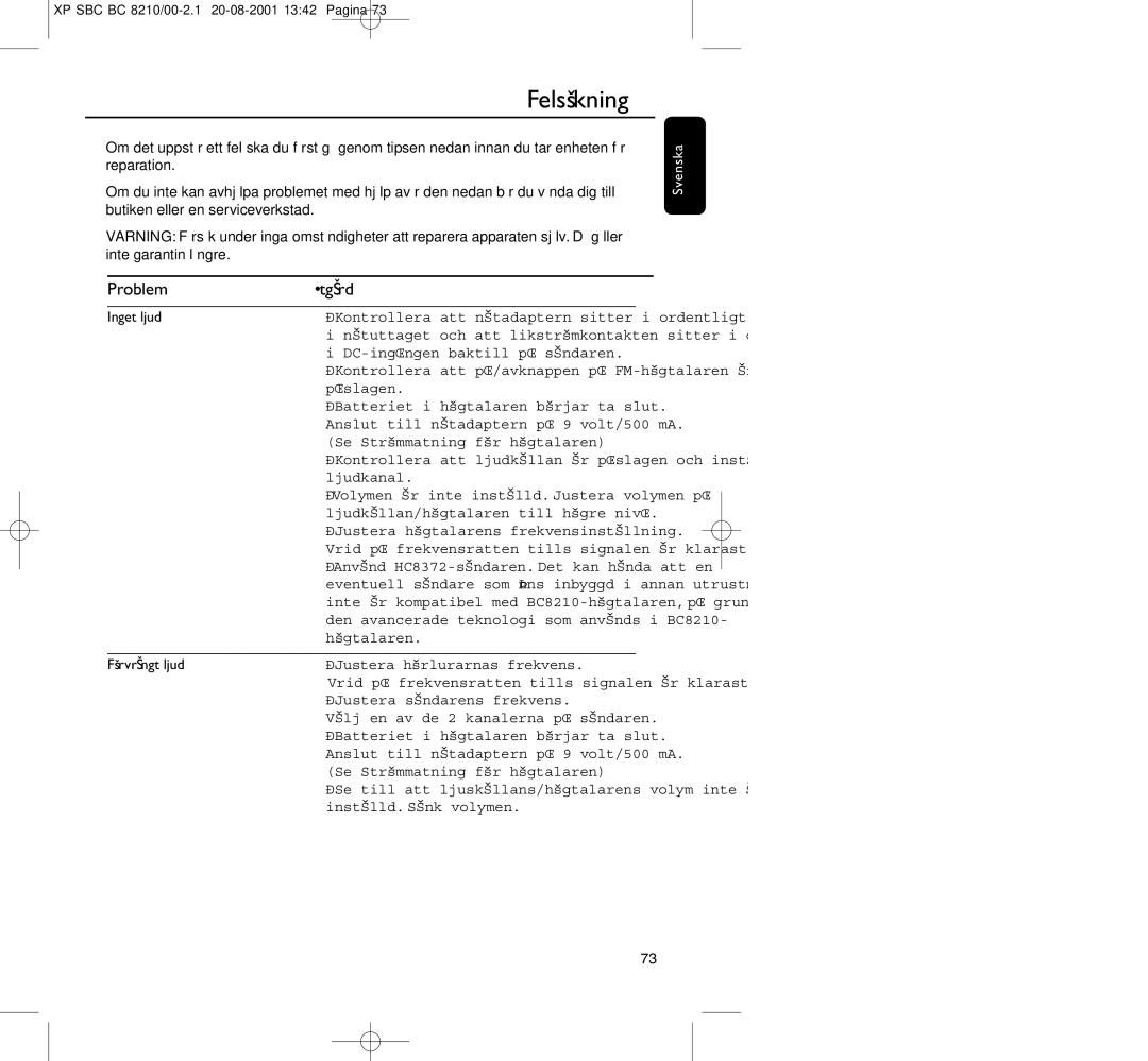 Philips BC8210 manual Felsökning, Problem Åtgärd, Inget ljud, Förvrängt ljud 