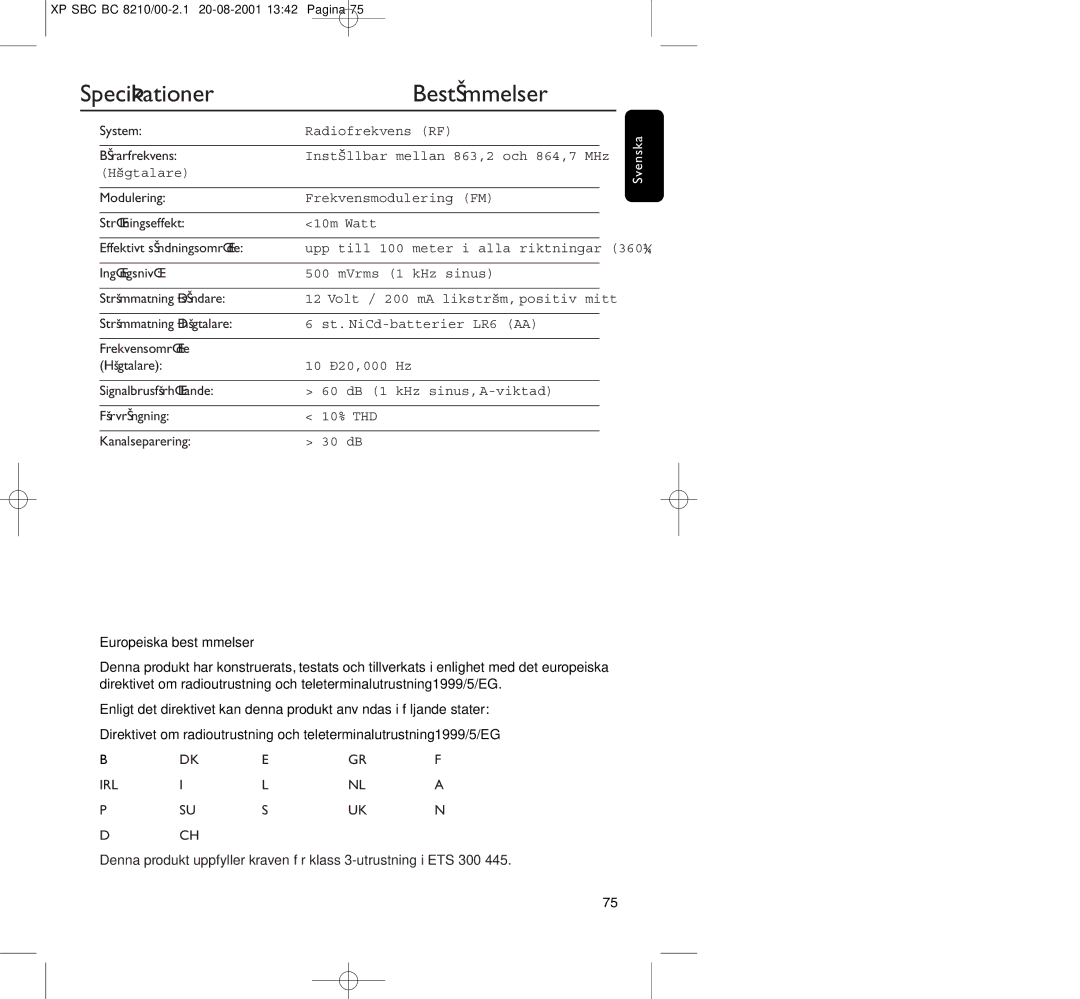 Philips BC8210 manual Speciﬁkationer Bestämmelser 