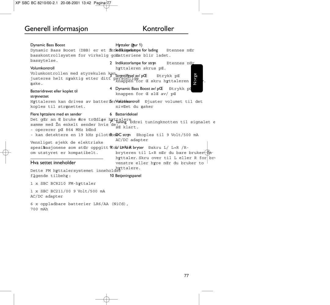 Philips BC8210 manual Generell informasjon Kontroller, Hva settet inneholder 