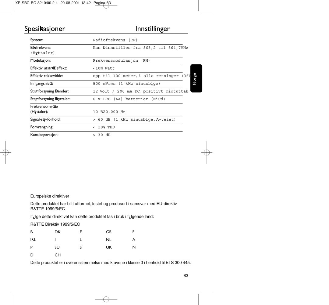 Philips BC8210 manual Spesiﬁkasjoner Innstillinger 