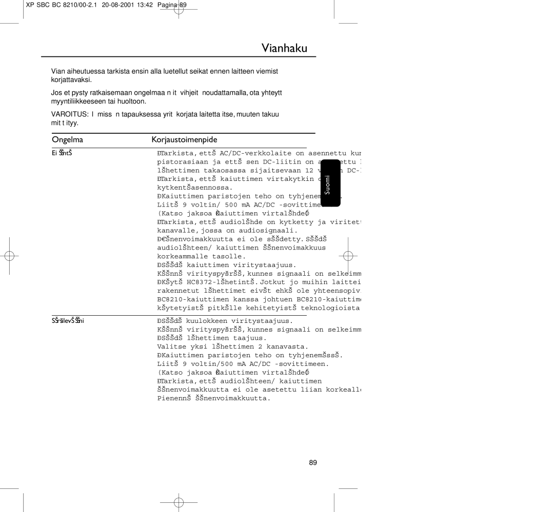 Philips BC8210 manual Vianhaku, Ongelma Korjaustoimenpide, Ei ääntä, Säröilevä ääni 